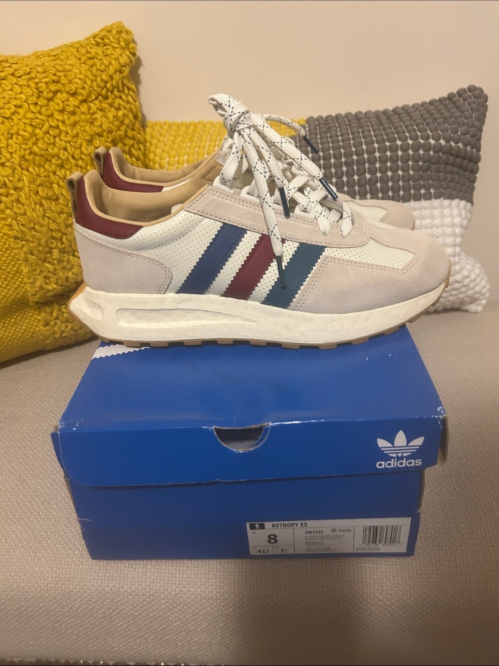 adidas Men's Off-White Retro Runners with Blue & Burgundy Stripes